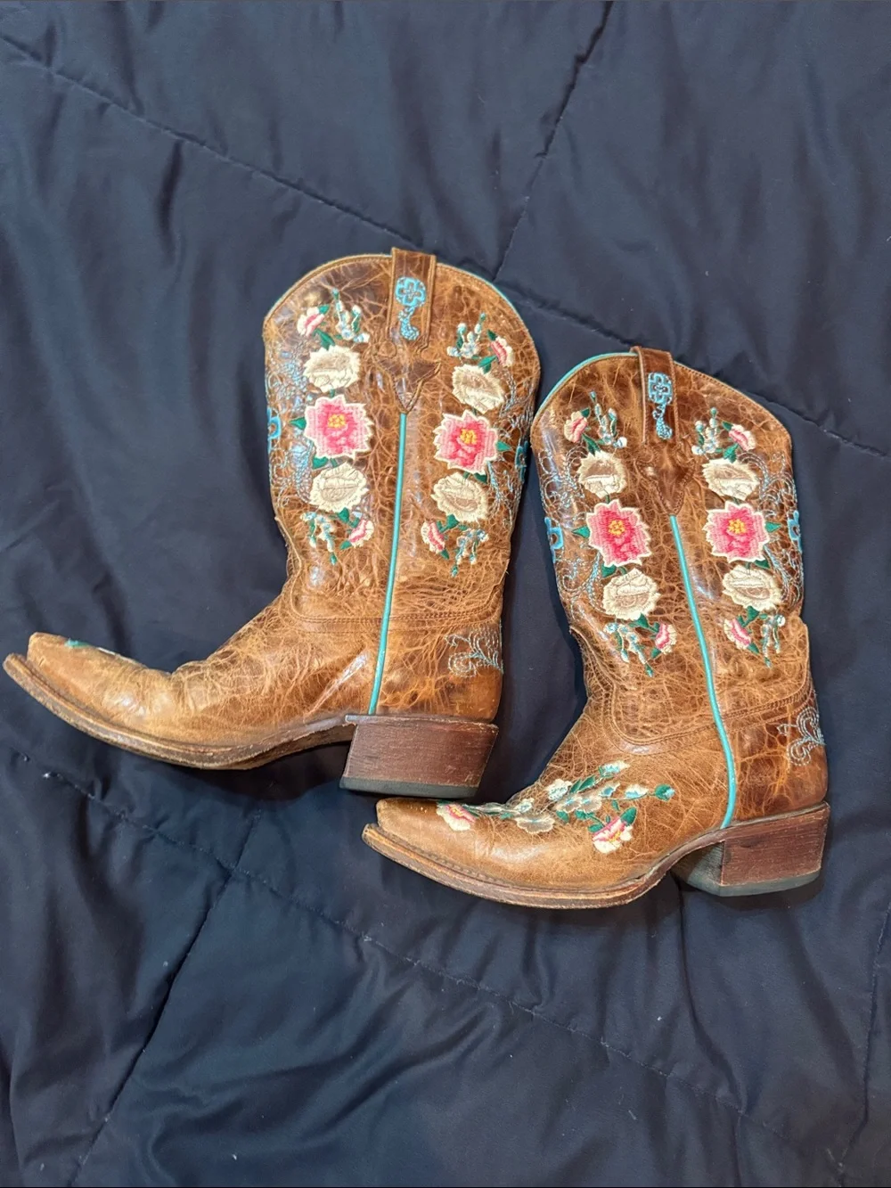 Girls Macie Bean Brown Embroidered Western Boots with Pink Floral Accents